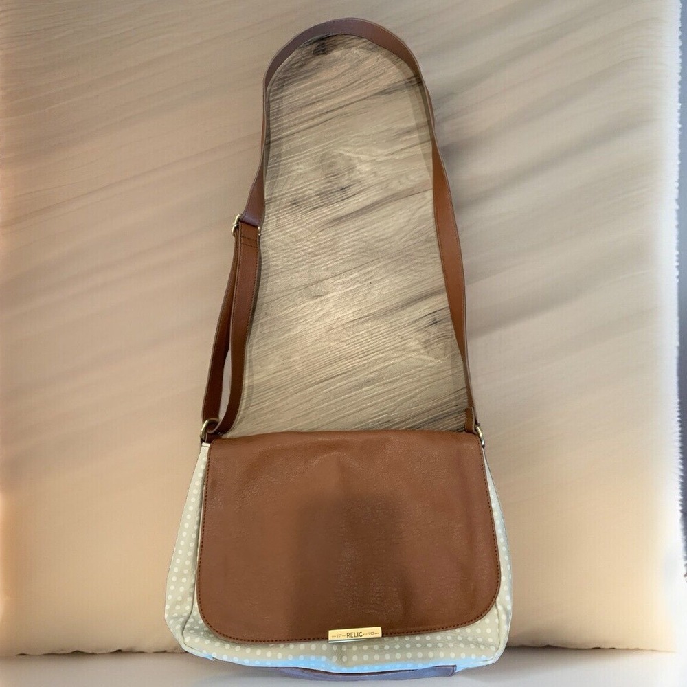 Relic Crossbody Bag Womens Medium Brown Cream Polka Dot Faux Leather Messenger